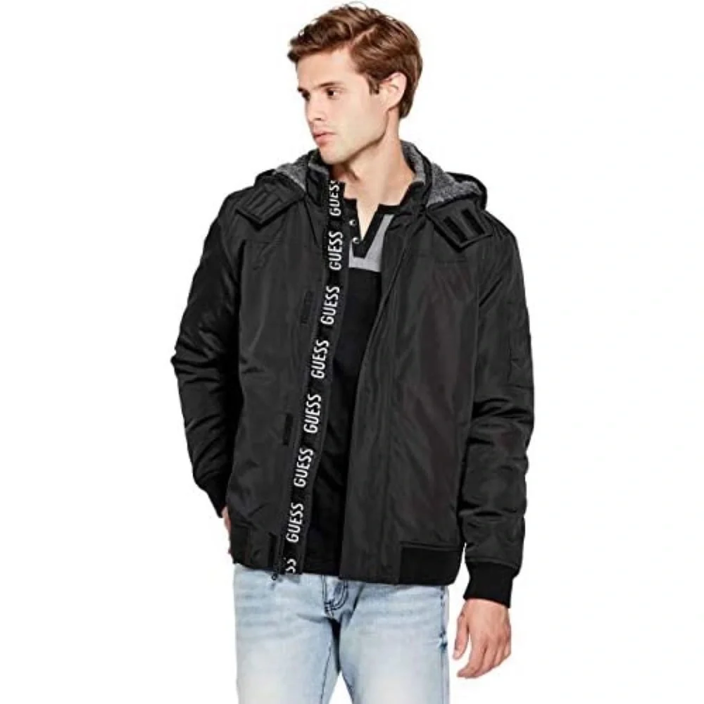 New GUESS Men's Fargo Winter Shearling-Trim Hooded Jacket SZ M